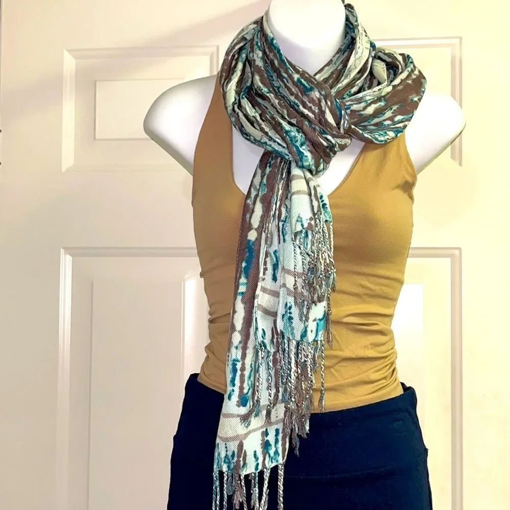 Turquoise Taupe and Cream with Tassel Women’s Scarf